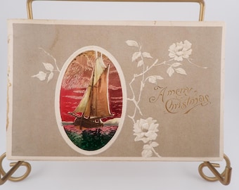 Antikt God Jul-kort, präglat, skimrande, yacht, Tucks-vykort, ca 1880