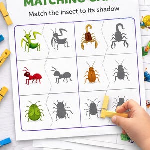 Peut inclure: Un jeu de correspondance d'ombres d'insectes imprimable pour les enfants d'âge préscolaire. Le jeu présente des illustrations colorées d'insectes et leurs ombres correspondantes. Le titre "INSECT SHADOW MATCHING GAME" est affiché en violet et vert.