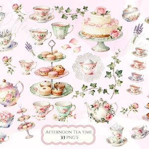 May include: A watercolour illustration of an afternoon tea set, featuring teacups, teapots, cake, and pastries. The set includes gold cutlery and floral decorations. The text "Afternoon Tea Time 33 PNG'S" is at the bottom.