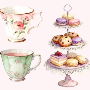 Puede incluir: Ilustración en acuarela de una merienda con dos tazas de té y un soporte para postres de tres niveles. El soporte contiene macarons, galletas y una porción de pastel, todo sobre delicados tapetes de encaje. Las tazas tienen diseños florales.