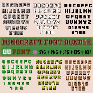 Può includere: Un design grafico digitale con vari font pixelati in più colori, tra cui grigio, bianco, nero, verde e marrone. Il testo "MINECRAFT FONT BUNDLE" è visualizzato in modo prominente, insieme alle informazioni sul tipo di file.