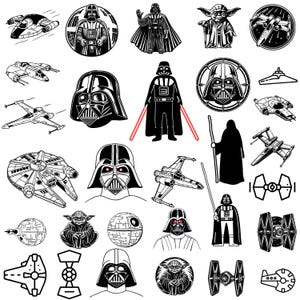 May include: A collection of black and white Star Wars themed illustrations. The images include Darth Vader, Yoda, various spaceships, and other iconic elements from the Star Wars franchise. The illustrations are detailed and stylized, suitable for stickers or prints.