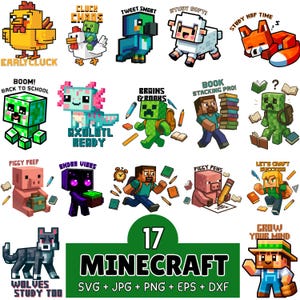 以下が含まれることがあります： 様々なピクセル化されたキャラクターとフレーズを特徴とする、17個のMinecraftをテーマにしたデジタルグラフィックのコレクション。黄色い鶏、緑のクリーパー、青いオウム、ピンクの豚が含まれており、それぞれにユニークなテキストが付いています。下のテキストは「MINECRAFT」と書かれています。