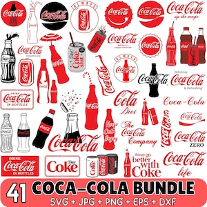 May include: A collection of 41 Coca-Cola themed graphics in red, black, and white. The images include bottles, cans, logos, and phrases like "Enjoy Coca-Cola" and "Drink Coca-Cola in Bottles". The bundle includes SVG, JPG, PNG, EPS, and DXF files.