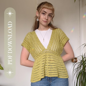 May include: A chartreuse crochet top with a deep V-neck and short sleeves. The top has a fitted waist and an open weave design. The text "PDF DOWNLOAD" is printed vertically on the left side of the image.