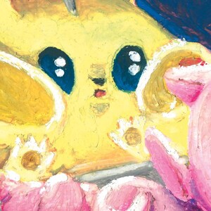 May include: Close-up of a colorful, abstract painting featuring a yellow creature with large blue eyes and white highlights. Pink and yellow shapes surround the creature, creating a whimsical and playful composition.