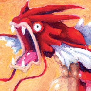 Pu&ograve; includere: Dipinto a olio di una creatura rossa simile a un drago con bocca aperta, denti bianchi e un occhio bianco. Lo sfondo &egrave; giallo-arancio caldo e i tratti della creatura sono dettagliati.