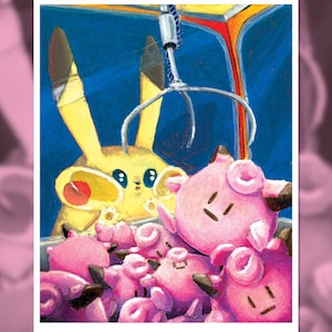 May include: A colorful illustration depicts a yellow Pikachu character looking at a claw machine filled with pink Clefairy plush toys. The claw machine is set against a blue background. The artist's signature, "EVANMARKSARTS", is visible.