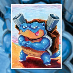 May include: A colorful illustration of a blue turtle-like creature with two cannons on its back, standing on a sandy beach. The creature has a red collar and its tongue is sticking out. The background shows a beach and sky.