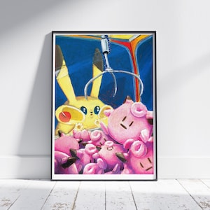 May include: A framed art print featuring a yellow Pikachu and several pink Jigglypuff characters in a claw machine setting. The artwork has a blue background and is displayed on a white wall and floor.