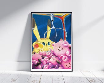 Può includere: Stampa artistica incorniciata con un Pikachu giallo e diversi personaggi Jigglypuff rosa in un'ambientazione di macchina a pinza. L'opera d'arte ha uno sfondo blu ed è esposta su una parete e un pavimento bianchi.