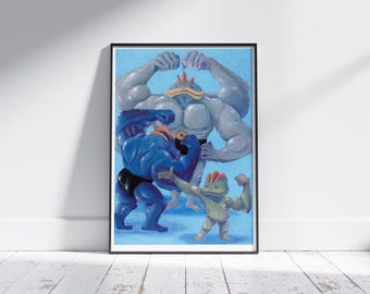 May include: A framed art print featuring a group of muscular, cartoon-like figures in shades of blue, gray, and green against a light blue background. The figures are flexing their muscles in a dynamic pose. The artwork is displayed on a white wall.