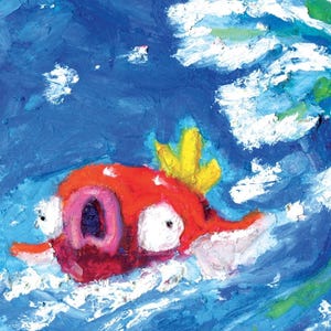 Pu&ograve; includere: Dipinto impressionista di un pesce rosso con una corona gialla, su sfondo blu con forme bianche a forma di nuvola. Il pesce ha bocca rosa e occhi bianchi, creando un'atmosfera artistica e fantasiosa.