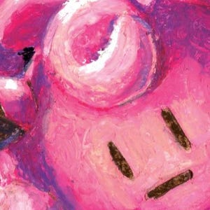 May include: Close-up of an abstract painting with a swirling design in shades of pink, purple, and white. The artwork features textured brushstrokes and dark brown rectangular shapes.