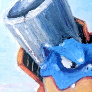 May include: An abstract painting of a blue and gray object with a light blue background. The object has a metallic appearance and is set against a backdrop of orange and black. The artwork is done in an impressionistic style.