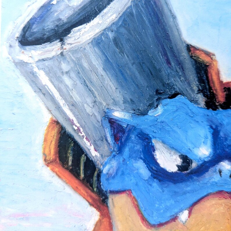 May include: An abstract painting of a blue and gray object with a light blue background. The object has a metallic appearance and is set against a backdrop of orange and black. The artwork is done in an impressionistic style.