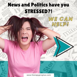 May include: A woman in a pink t-shirt pulls her hair back with a stressed expression. Text reads "News and Politics have you STRESSED?! WE CAN HELP!" A teal arrow points to the right. The background is a collage of newspaper clippings.