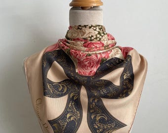 Vintage Christian Dior Silk Scarf Floral Ribbon Design Vintage Headscarf Neckscarf Women Vintage Accessories (34x35 inch)