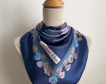 Vintage Christian Dior Silk Scarf Floral in Blue Vintage Headscarf Neckscarf Vintage Accessories (30”x30”)