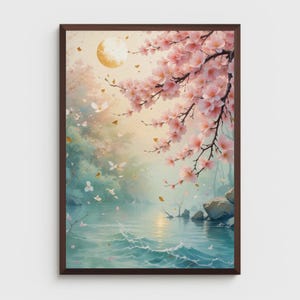 Cherry Blossom Art Print: Japanese Moonlight Sakura Landscape