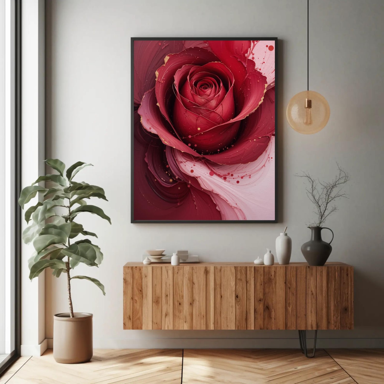 Abstract Red Rose Art Print: Modern Floral Painting With Gold - Etsy