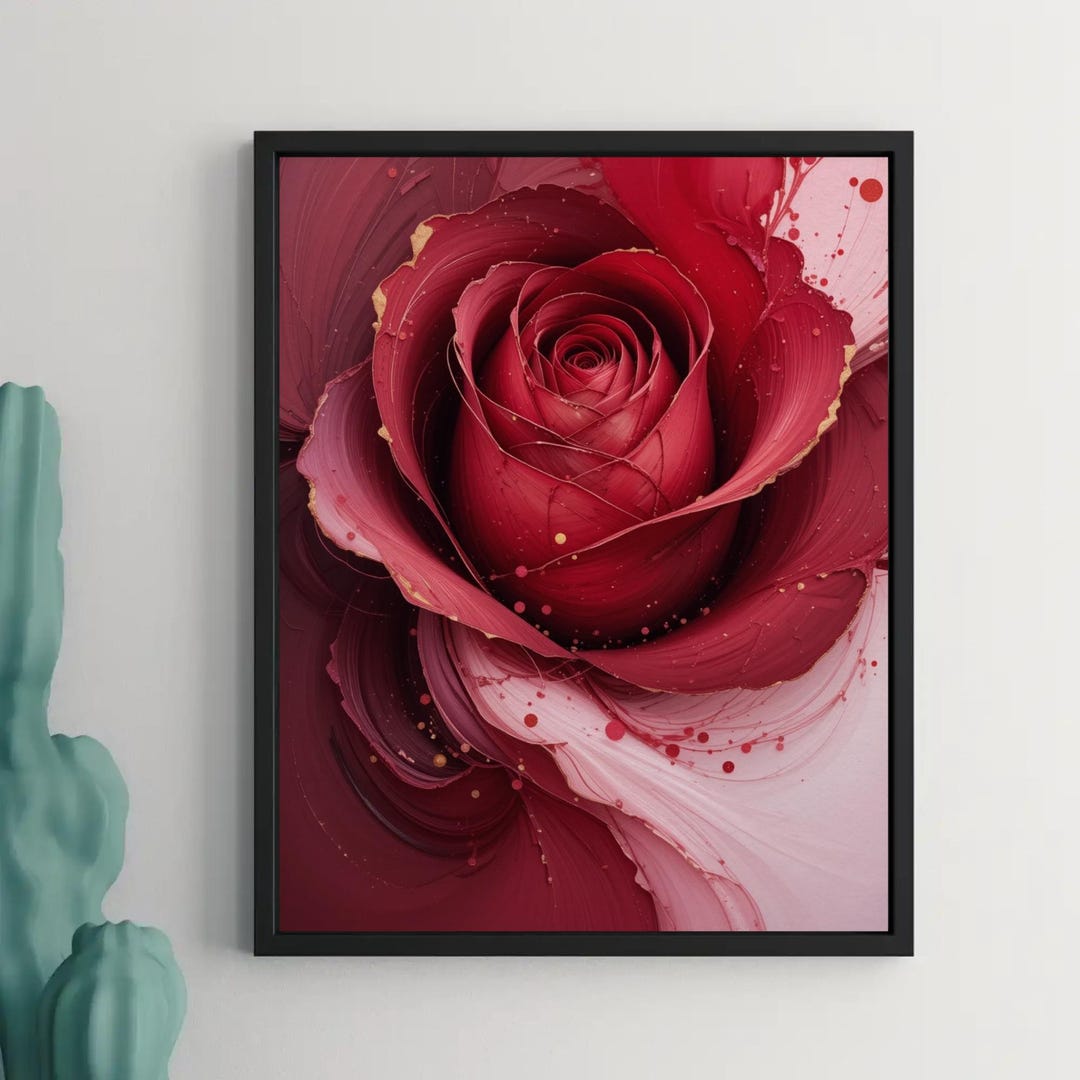 Abstract Red Rose Art Print: Modern Floral Painting With Gold - Etsy