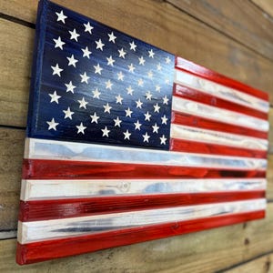 Handmade Wooden American Flag: Torched Pine, CNC Carved Stars (13x24)