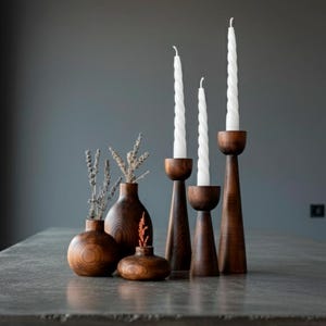 Handmade Walnut Wood Vase and Candlestick Set - Scandinavian Decor