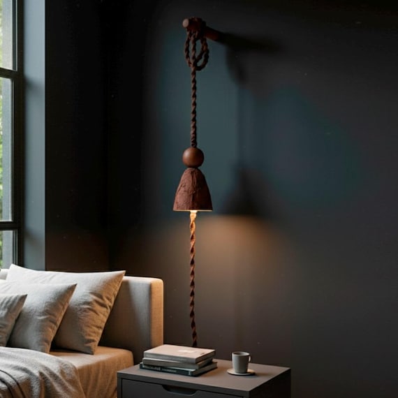 Unique Plug in  Terracotta Wall Scone: Macrame Cord Pendant | Rustic Boho Lighting
