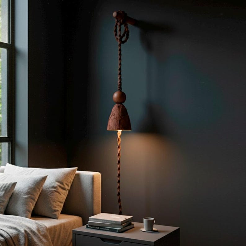 May include: A rustic, hanging pendant lamp with a brown, bell-shaped shade and a wooden sphere. The lamp is suspended from a wooden fixture with a knotted rope design. The twisted cord hangs down, illuminating the space below.