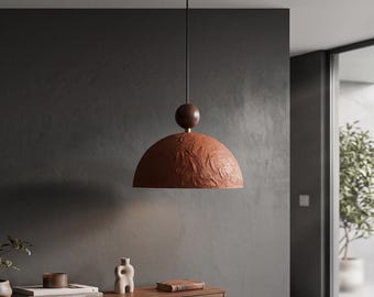 Terracotta Pendant Chandelier Lamp with Walnut Wood Accent – Mid-Century Modern Lighting