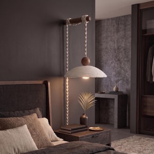 Unique Plug in Pendant Lamp | Bohemian Wall Scone | Travertine & Black Clay Shade