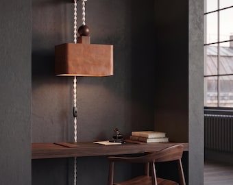 Leather Sconce Wall Light with Macrame Cord, 10ft  Plug In Wooden Hanging Lamp