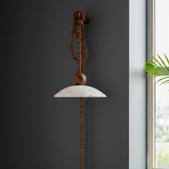 Unique Plug in Pendant Lamp | Bohemian Wall Scone | Travertine & Black Clay Shade