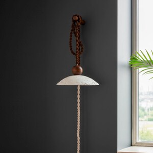 May include: A hanging pendant light fixture with a white, textured shade and a long, cream-colored rope. The fixture is suspended from a dark brown, twisted rope and a wooden sphere. The fixture is mounted on a dark gray wall.