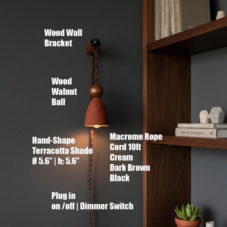 Unique Plug in Terracotta Wall Scone: Macrame Cord Pendant | Rustic Boho Lighting image 2