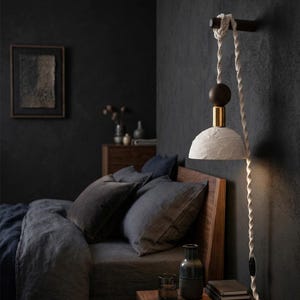 Scandinavian Plug-in Pendant Light: Black Clay Travertine  Shade, Rope Cable