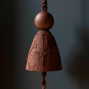 May include: A brown, bell-shaped wind chime with a textured surface. The chime has a wooden sphere at the top and a twisted rope for hanging. The overall design is simple and natural, suitable for home decor.