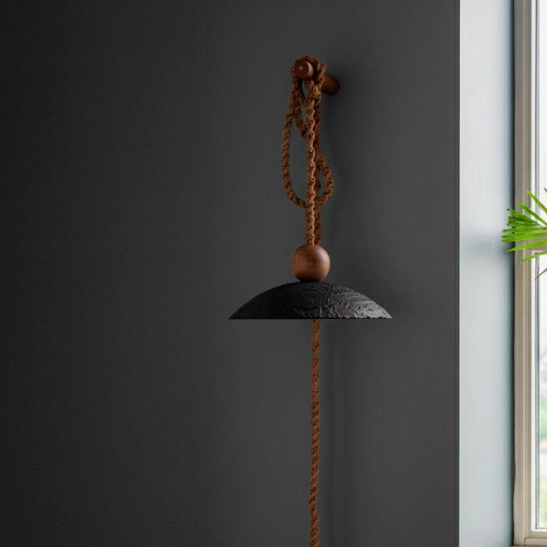 May include: A black, textured pendant light with a brown rope and wooden accents. The light is mounted on a dark gray wall, with a window and greenery visible in the background. The light fixture has a circular shade.