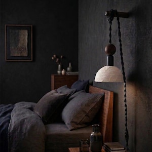 Scandinavian Plug-in Pendant Light: Black Clay Travertine  Shade, Rope Cable