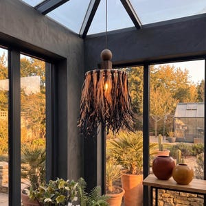 Handmade Boho Raffia Chandelier, Woven Fringe Ceiling Light with Wood Detail, Artisanal Home Lighting