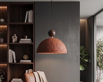 Terracotta Pendant Lamp with Walnut Wood Accent – Mid-Century Modern Lighting