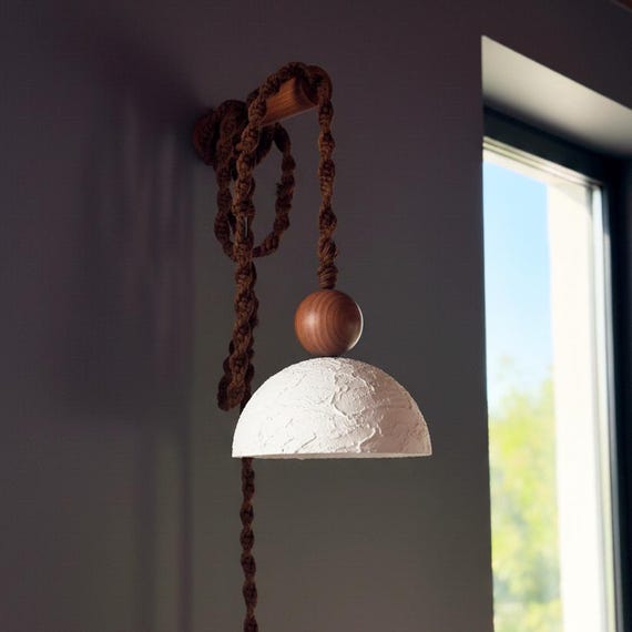 Plug in Wall Sconce Lamp : Black Clay Travertine Shade , Bedside Light