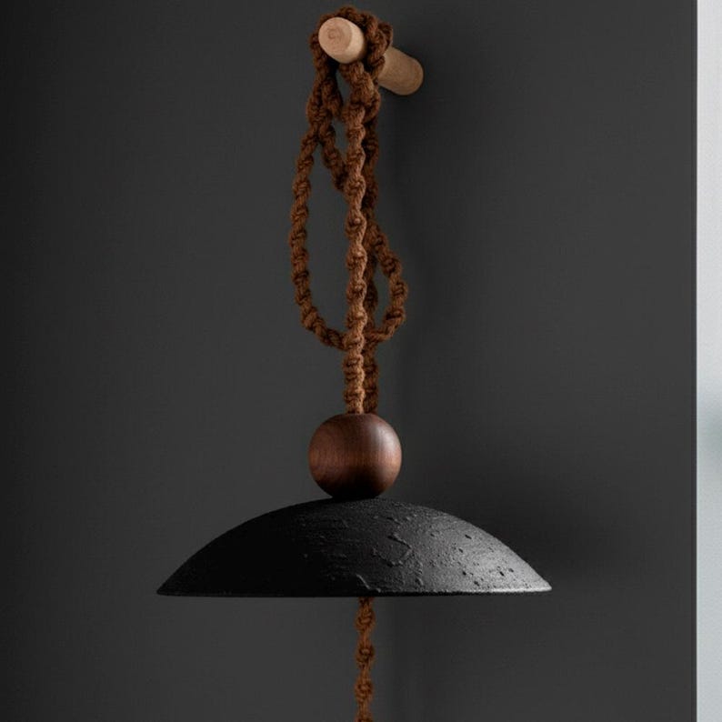 May include: A black, textured pendant light with a rounded shade, suspended by a brown rope and wooden accents. The light fixture is attached to a wooden peg on a dark gray wall. The design is minimalist and modern.