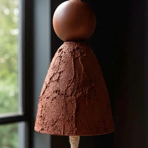 May include: A hanging wind chime with a textured, cone-shaped body in a rich brown hue, topped with a smooth wooden sphere. The chime is suspended by a natural rope, creating a rustic and earthy aesthetic. The background is blurred, suggesting an outdoor setting.
