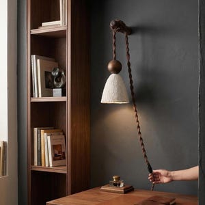 Nordic Plug-in Wall Sconce - Hand-shaped Travertine Stone Lamp - Macrame Cord Light