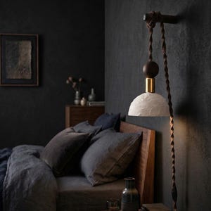 Scandinavian Plug-in Pendant Light: Black Clay Travertine  Shade, Rope Cable