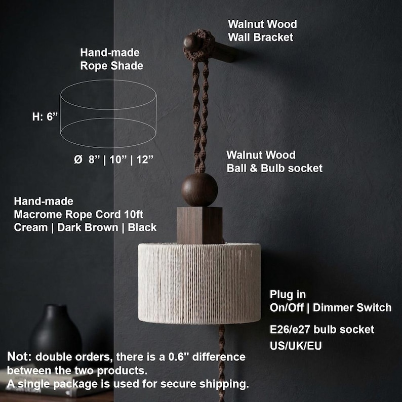Woven Rope Plug-in Pendant Light - Custom Color Rustic Lamp, Bedside ...