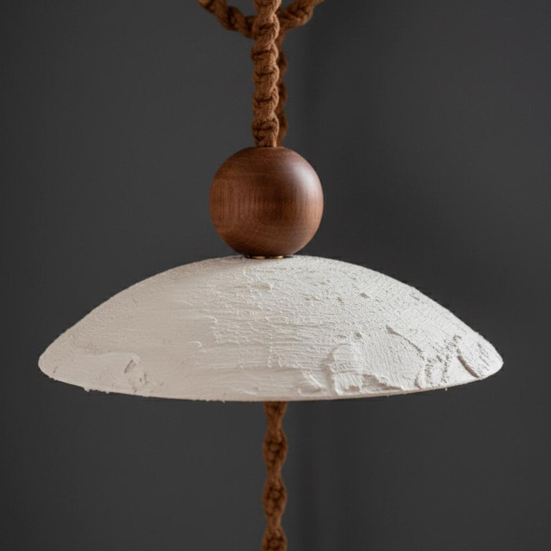 May include: A modern pendant light with a textured, off-white shade and a dark wooden sphere. The light hangs from a brown rope, creating a natural and minimalist aesthetic. The shade has a diameter of approximately 16 inches.