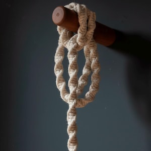 May include: A beige macrame plant hanger with a twisted rope design. The plant hanger is suspended from a dark brown wooden dowel. The background is a muted teal color, creating a neutral backdrop for the natural fiber.